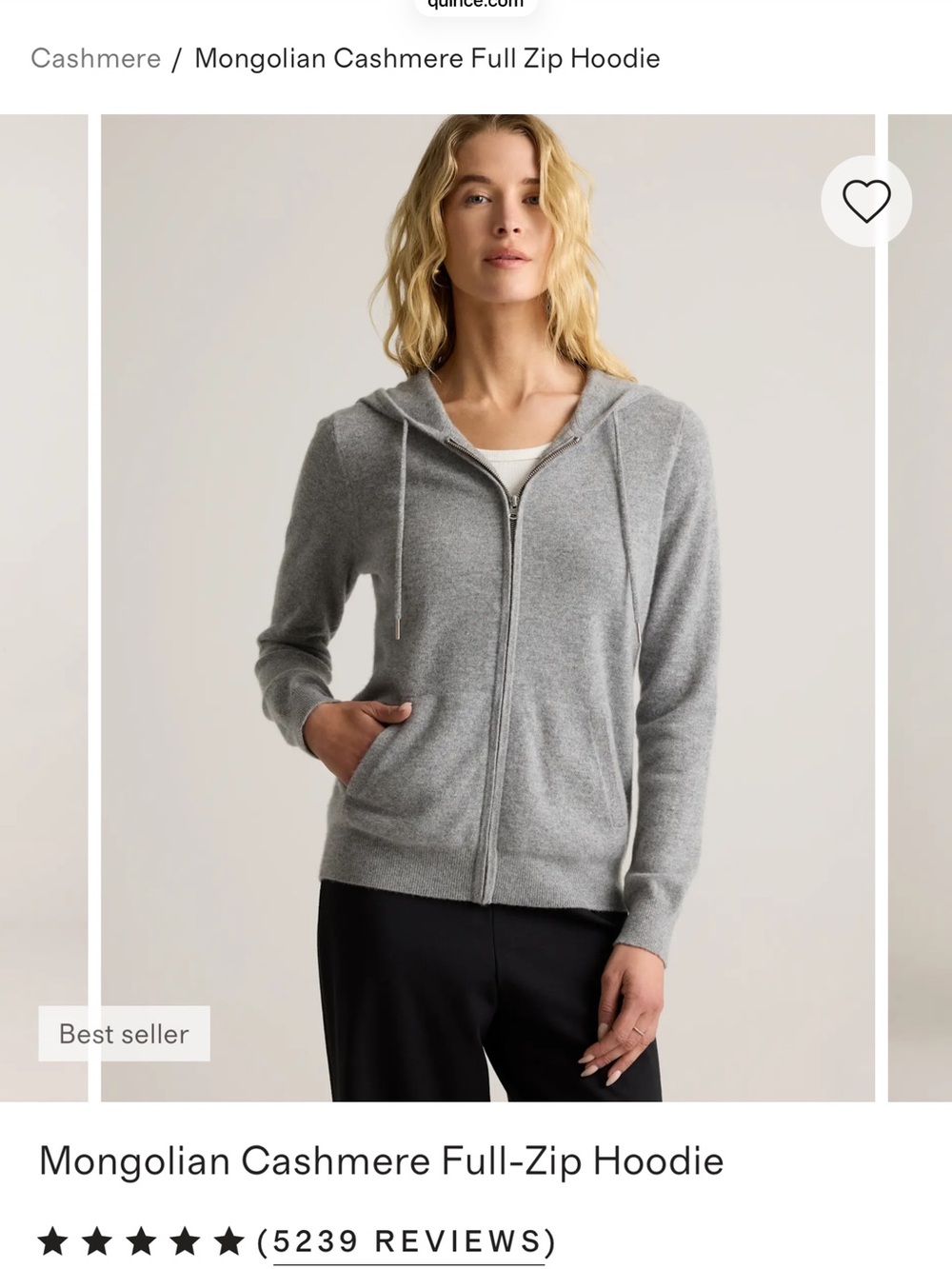 Quince Heather Gray Cashmere Zip Hoodie NWT stunning, smooth, light warm hug